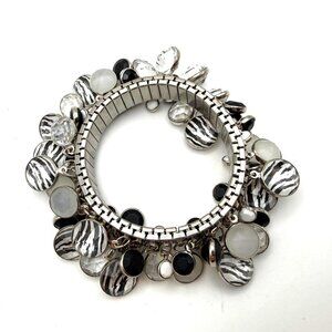 Statement Charm Bracelet Silver Tone Glass Cabochons Zebra Black Gray Expandable